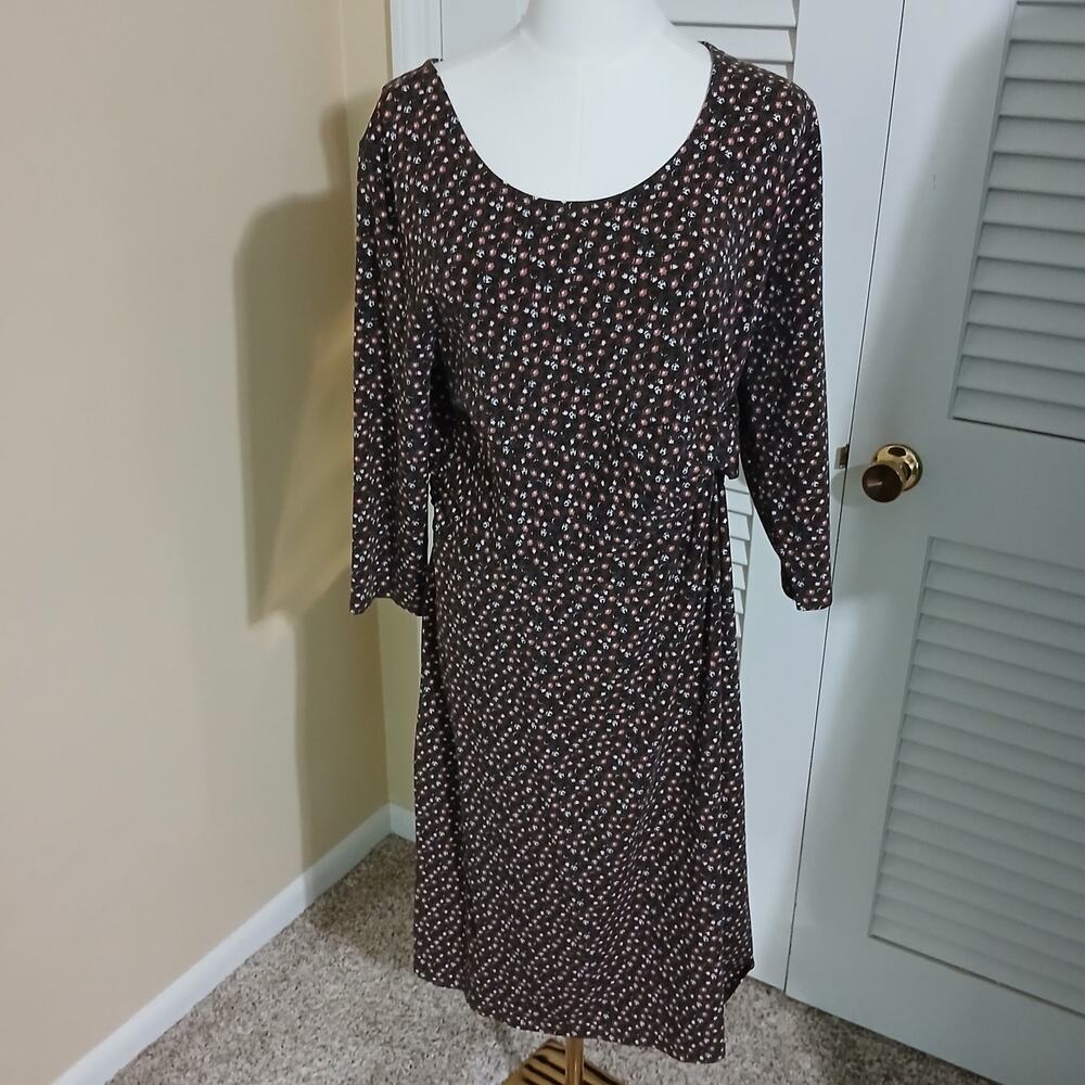 Lands' End XL/P 18 waisted side knot floral olive green 5/8ths-sleeve cot blnd